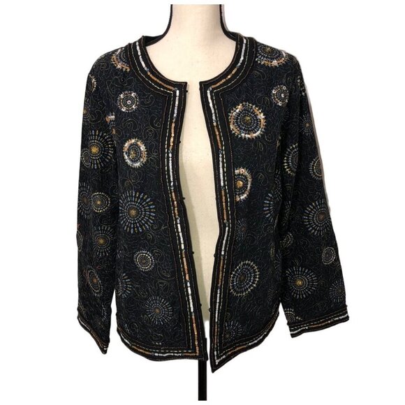Chicos Embroidered Jacket Size 2 US L 12 Black Embroidered Metallic Sequin Beads - Picture 1 of 11